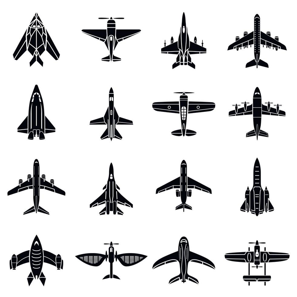 Airplane top view icons set, simple style vector