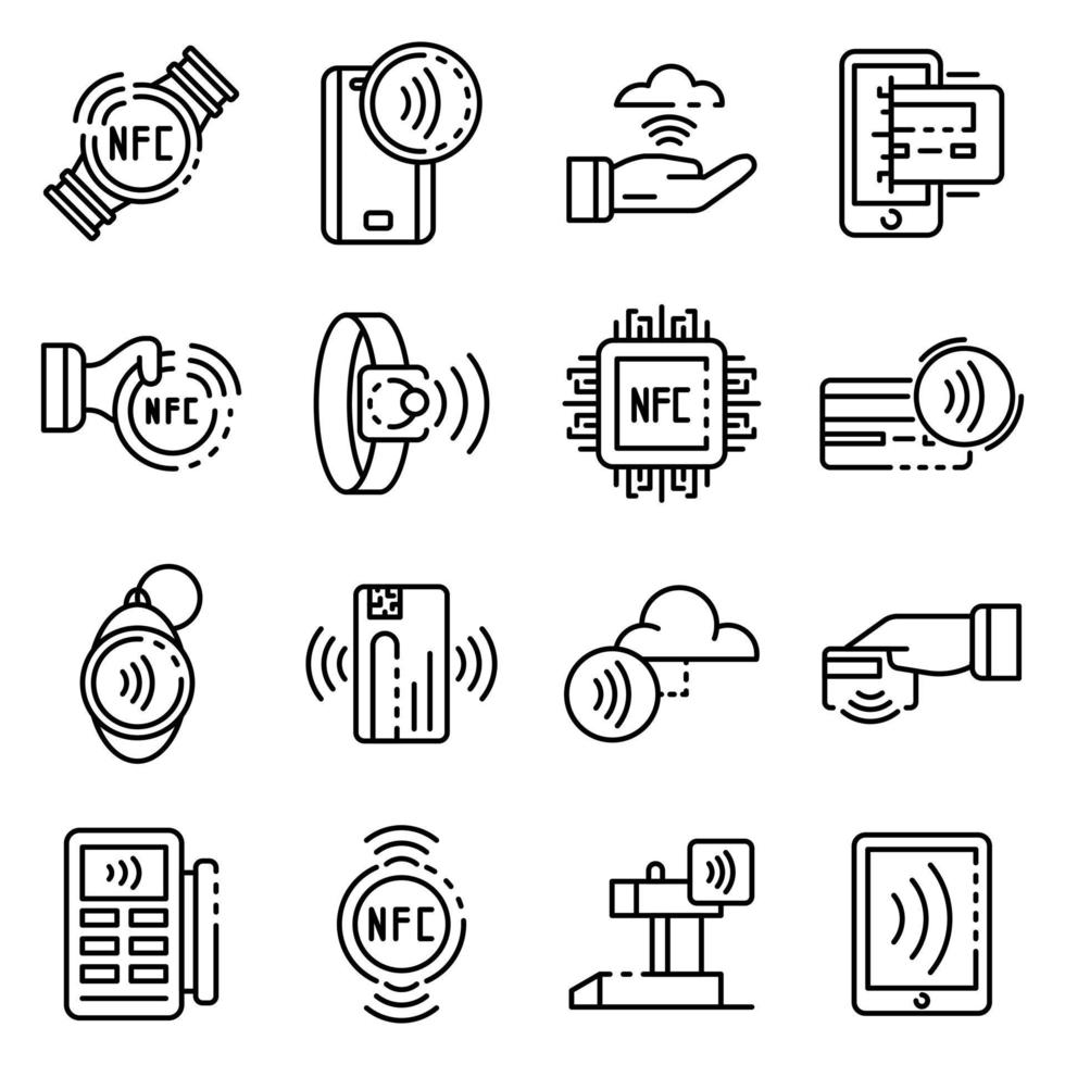 Conjunto de iconos de tecnología nfc, estilo de esquema vector