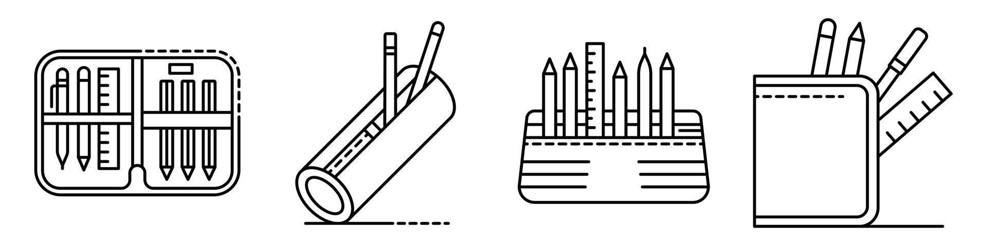 Pencil case icons set, outline style vector