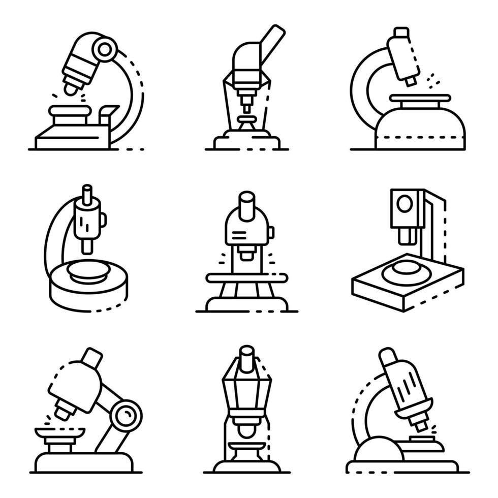 Microscope icons set, outline style vector