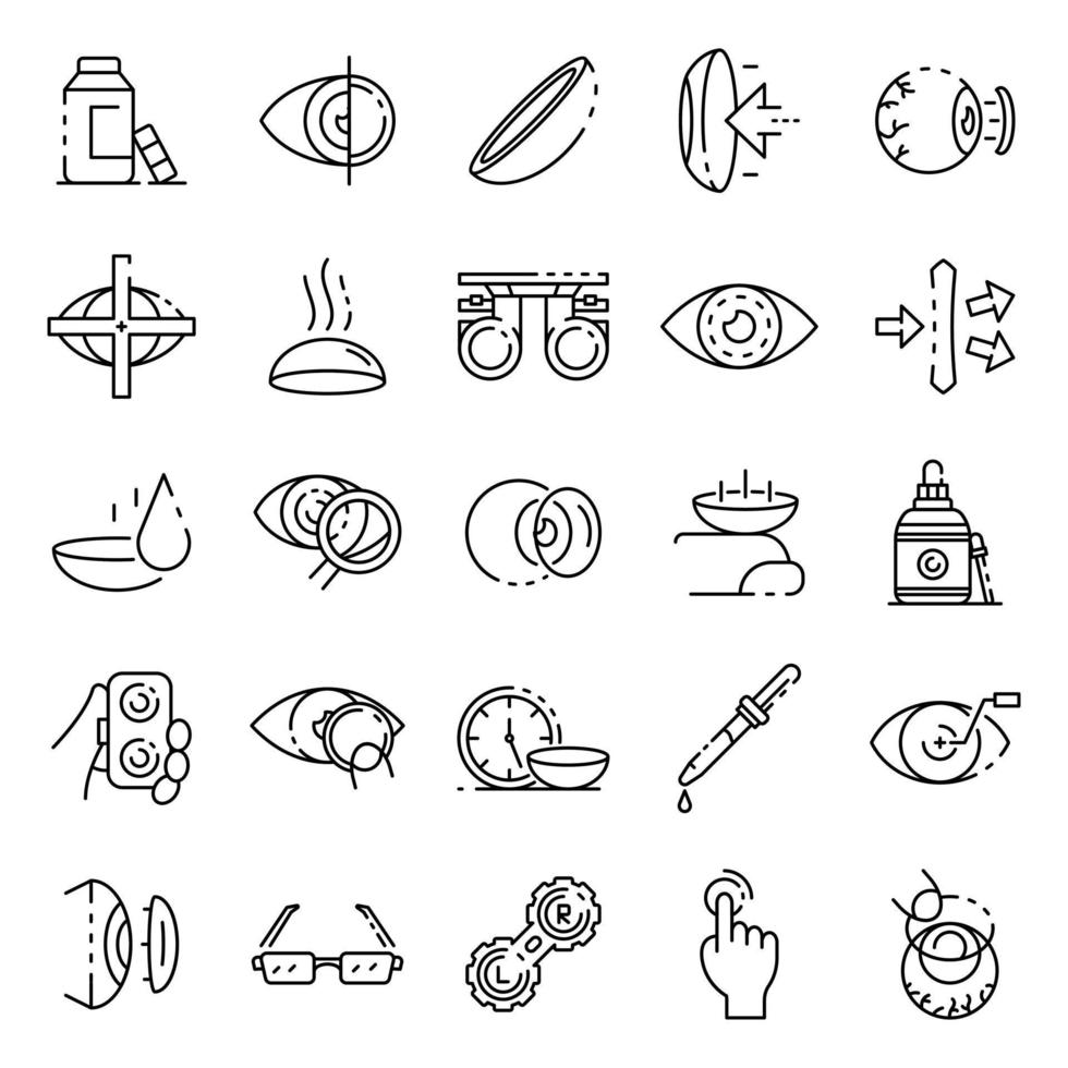 conjunto de iconos de lentes de contacto, estilo de esquema vector