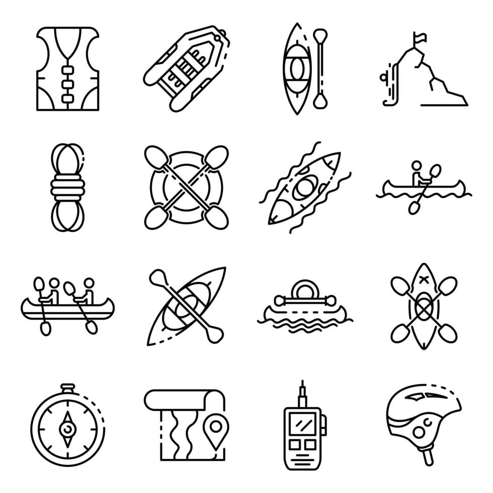 Canoeing icons set, outline style vector