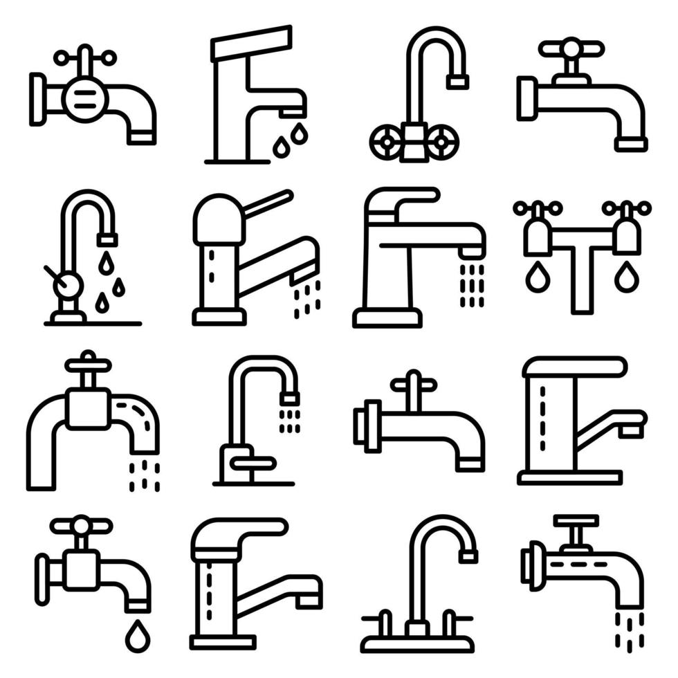 Faucet icons set, outline style vector