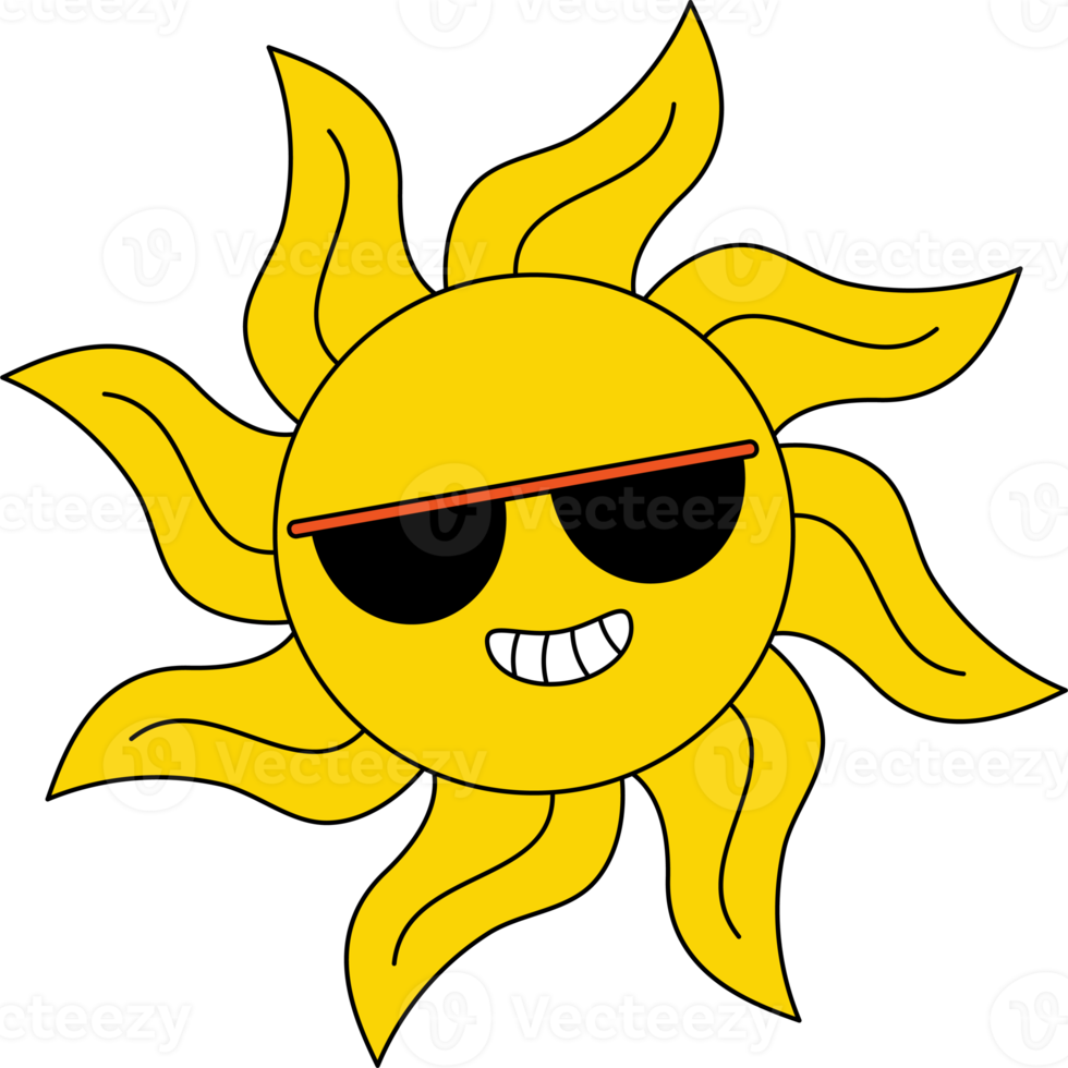 Funny cartoon character sun in dark glasses png