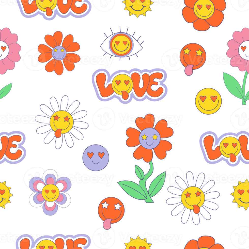nahtloses Retro-Vektormuster mit groovigen Elementen der 70er, 80er, 90er Jahre. Aufkleber, die Liebe, funky Flower Power der Karikatur, Gänseblümchenblumen, Smiley-Gesicht auf purpurrotem Hintergrund beschriften png