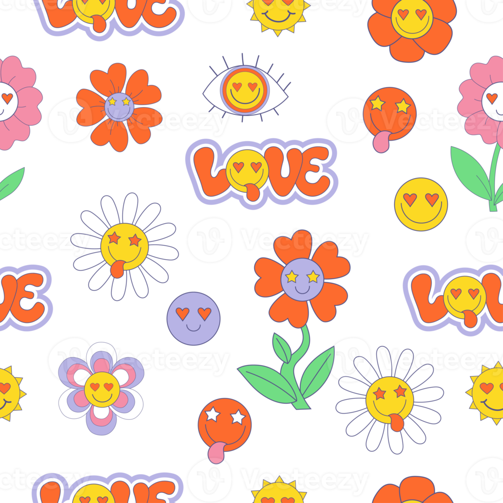 modèle vectoriel sans couture rétro avec des éléments groovy vibes des années 70, 80, 90. autocollants lettrage amour, dessin animé funky flower power, fleurs de marguerite, visage souriant sur fond violet png