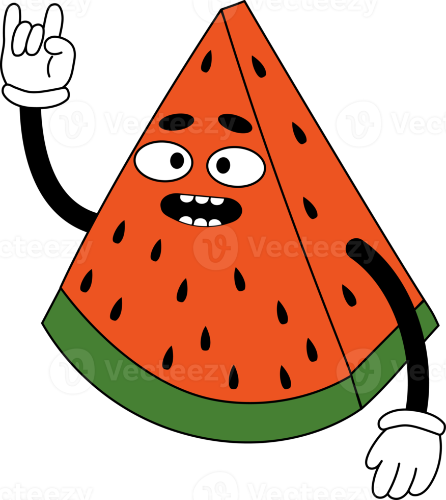 Funny cartoon character piece of watermelon with gloved hands png