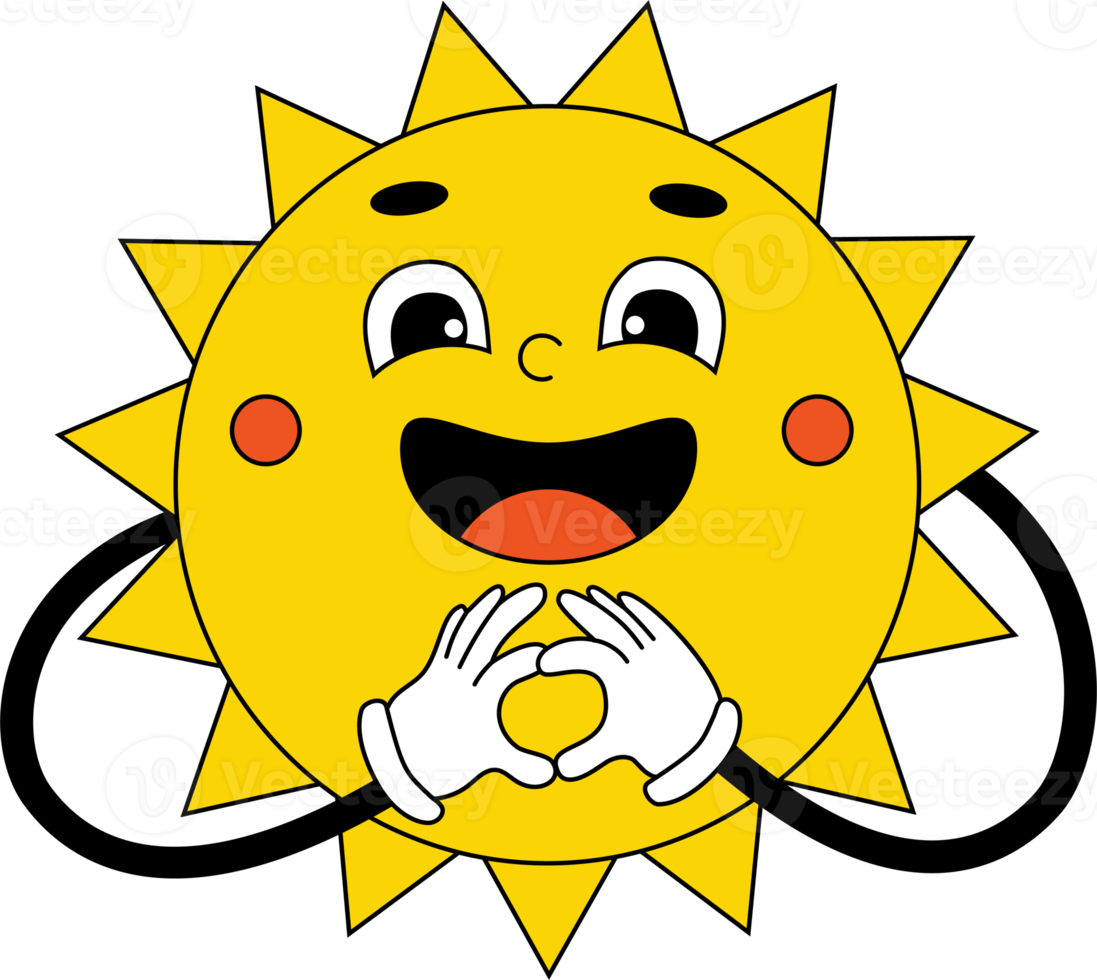 Funny cartoon character cute sun with hands gloves png