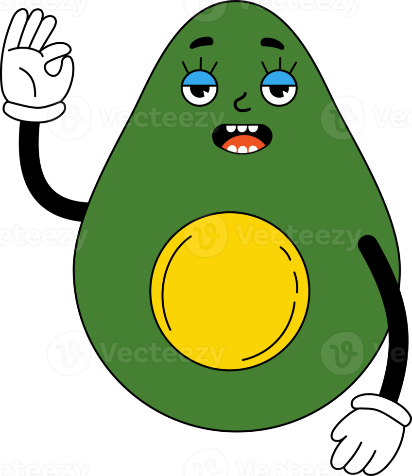 divertido personaje de caricatura aguacate, con manos enguantadas png