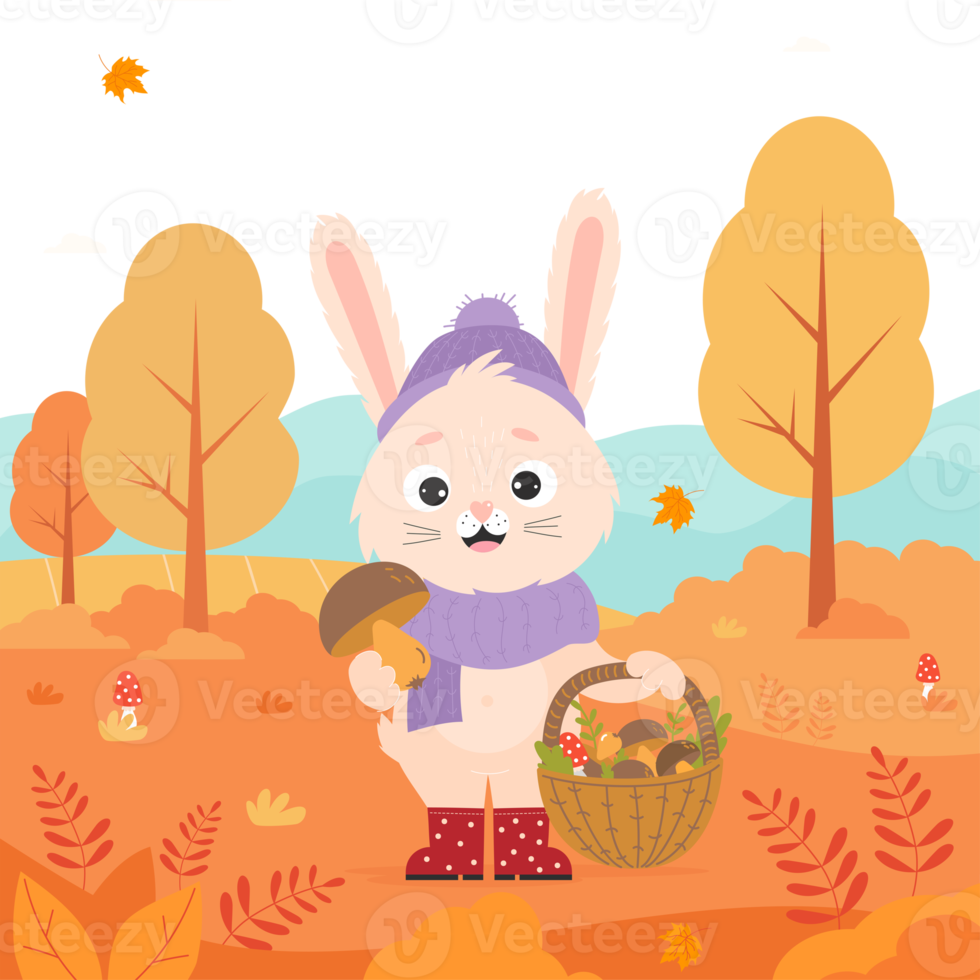 Happy hare-mushroom picker on background of autumn landscape png