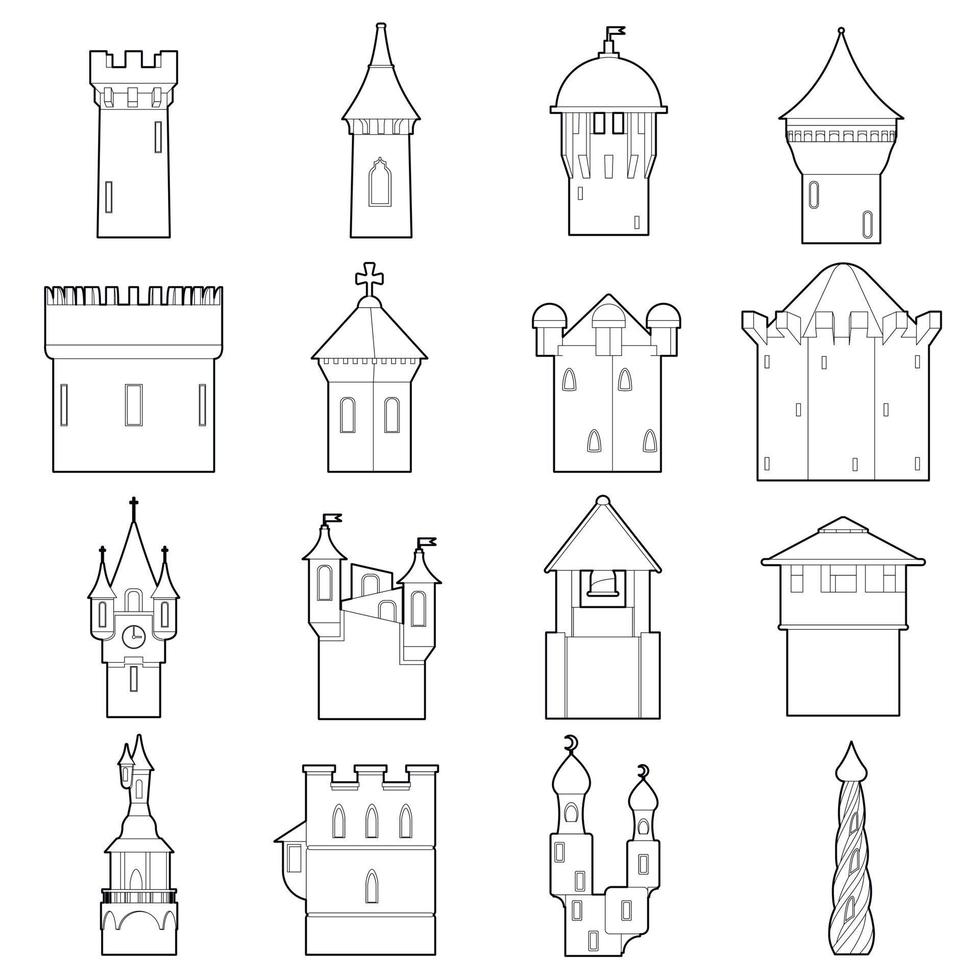 Castle tower icons set color, outline style vector