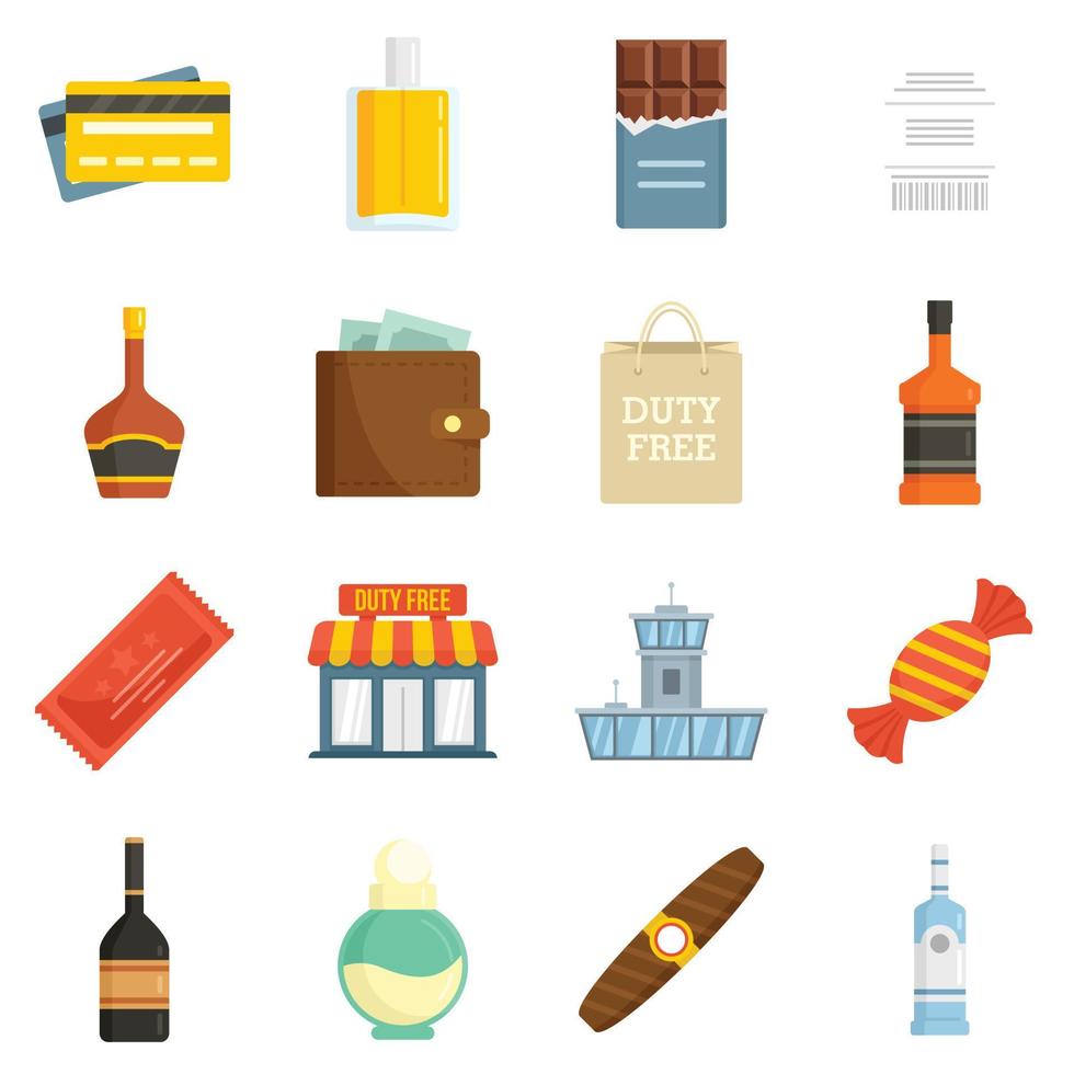 Duty free shop icons set flat vector isolated