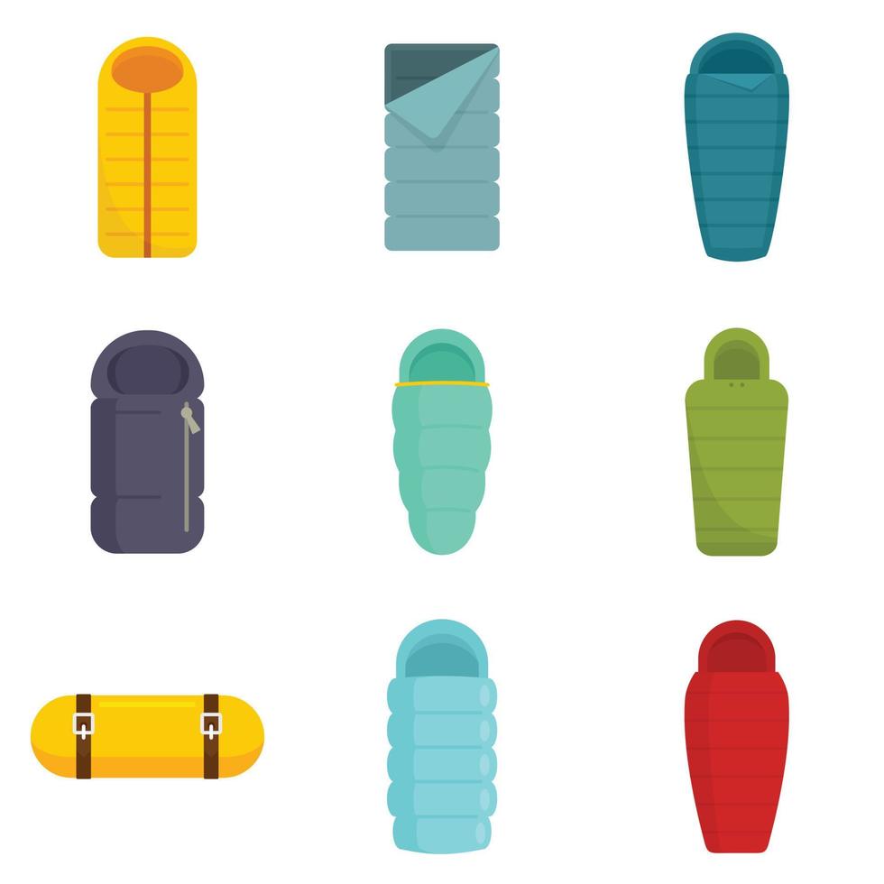 Sleeping bag icons set flat vector isolated