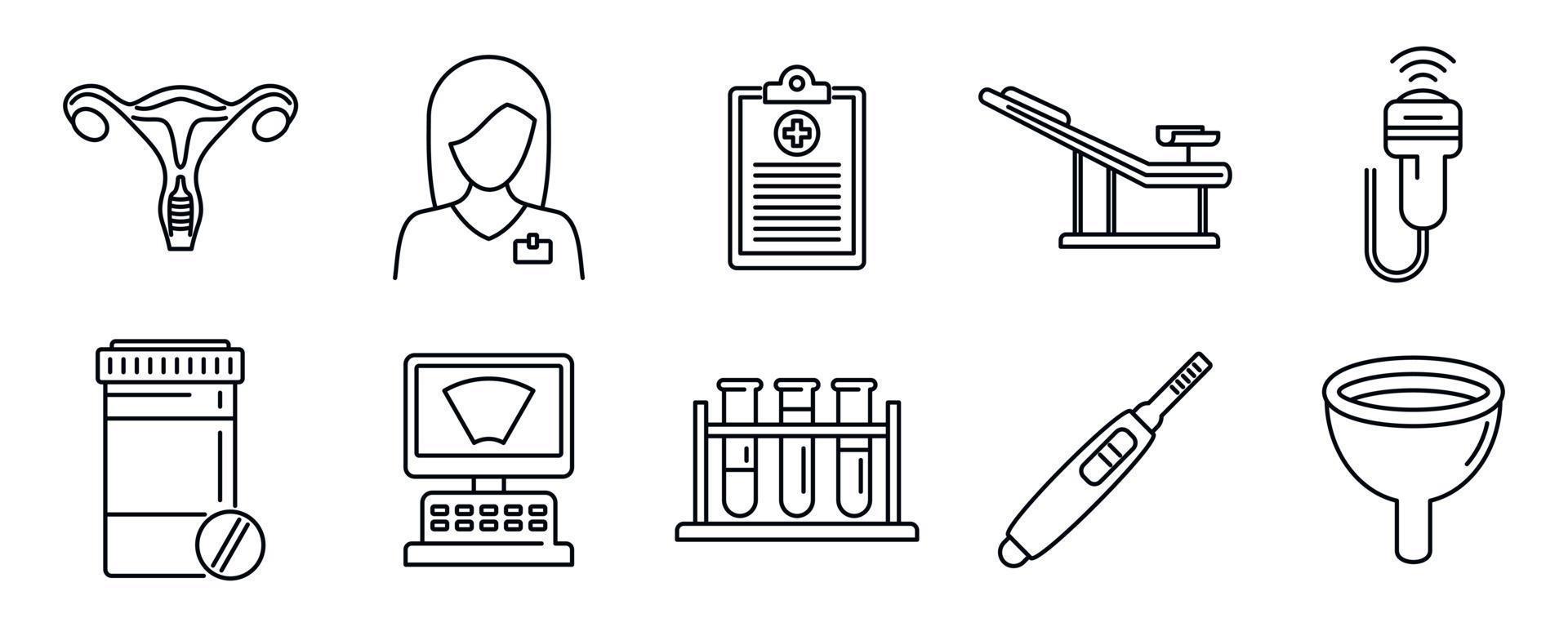 Hospital gynecologist icons set, outline style vector