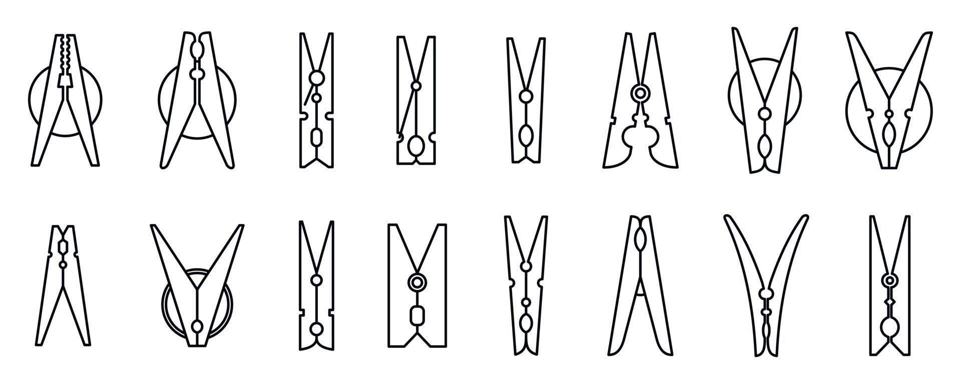 Laundry clothes pins icons set, outline style vector