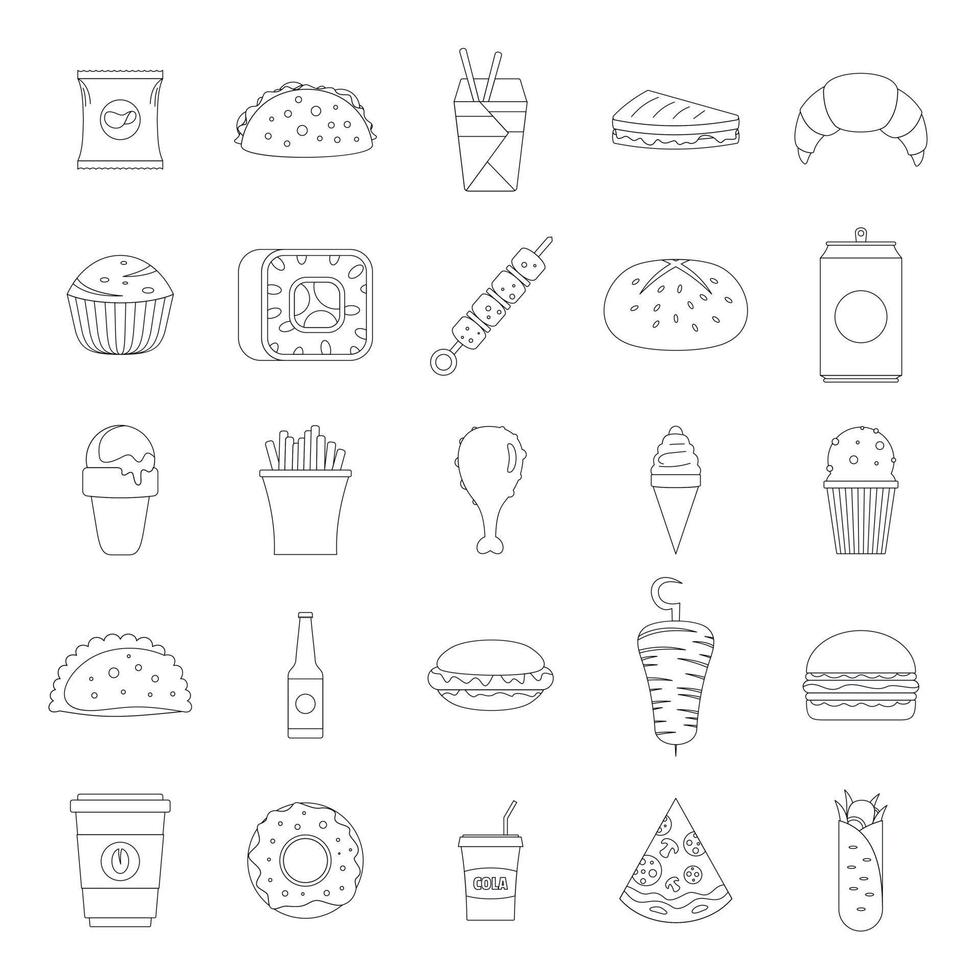 Fast food icons set, outline style vector