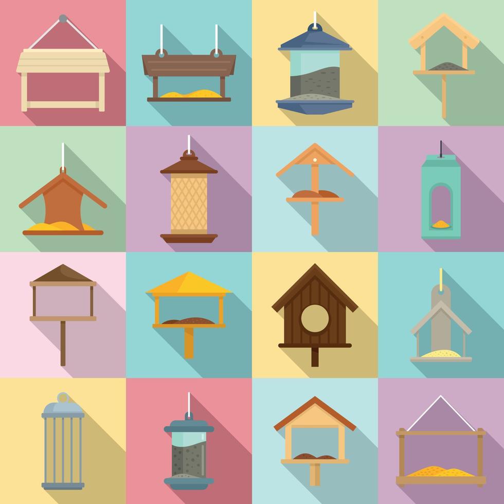 Bird feeders icons set, flat style vector