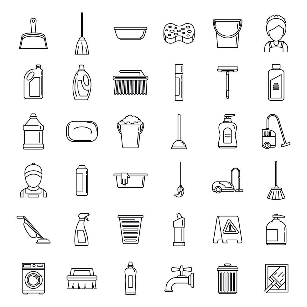 Cleaning services equipment icons set, outline style vector