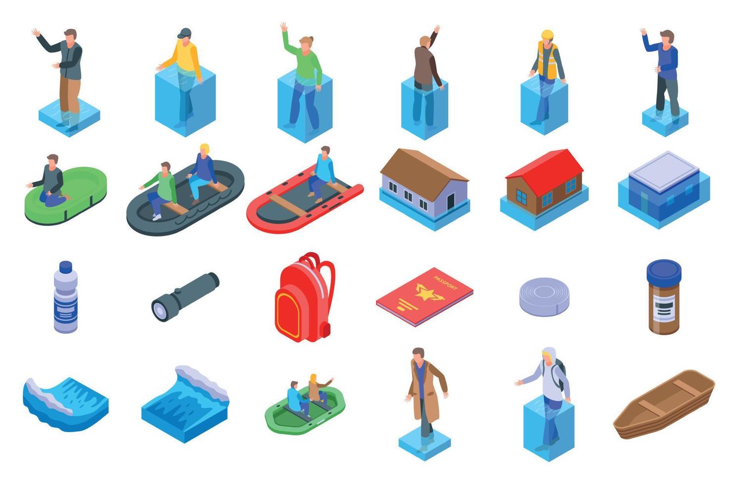 Flood icons set, isometric style vector