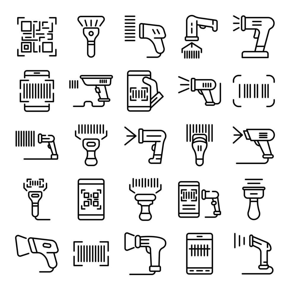 Barcode scanner icons set, outline style vector