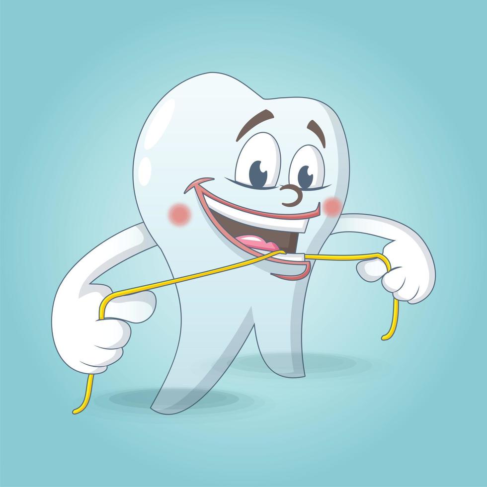 lindo diente con fondo de concepto de hilo dental, estilo de dibujos animados vector