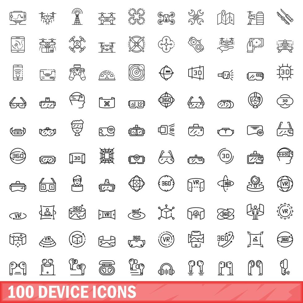 100 device icons set, outline style vector