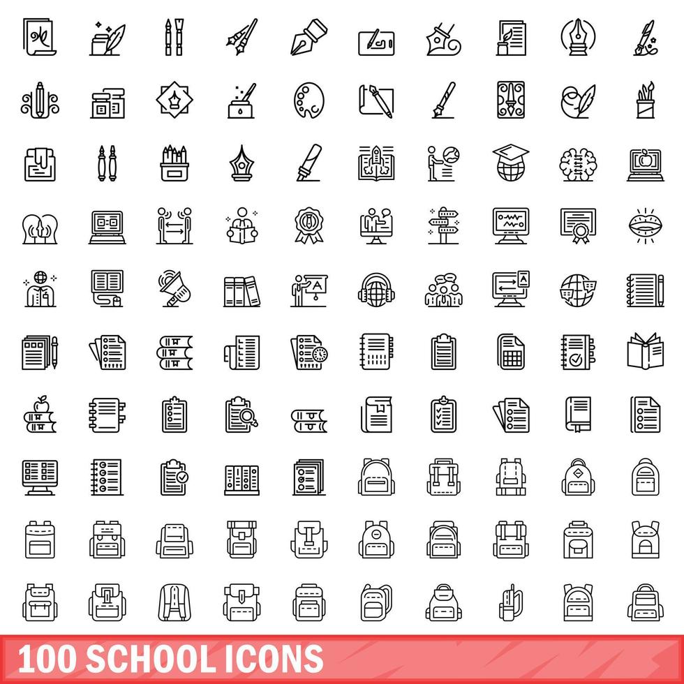 100 iconos escolares establecidos, estilo de esquema vector