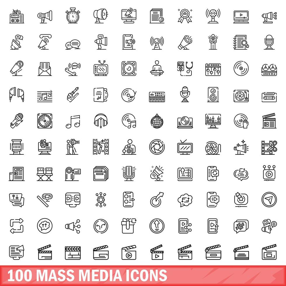 100 mass media icons set, outline style vector