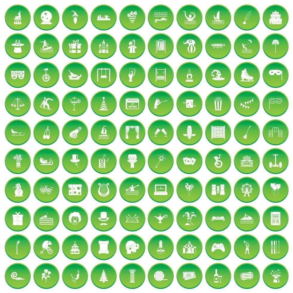 100 amusement icons set green circle vector