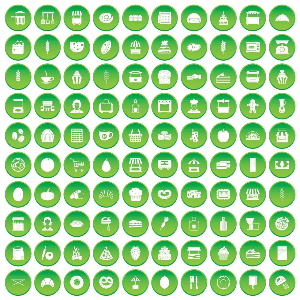100 iconos de panadería en círculo verde vector