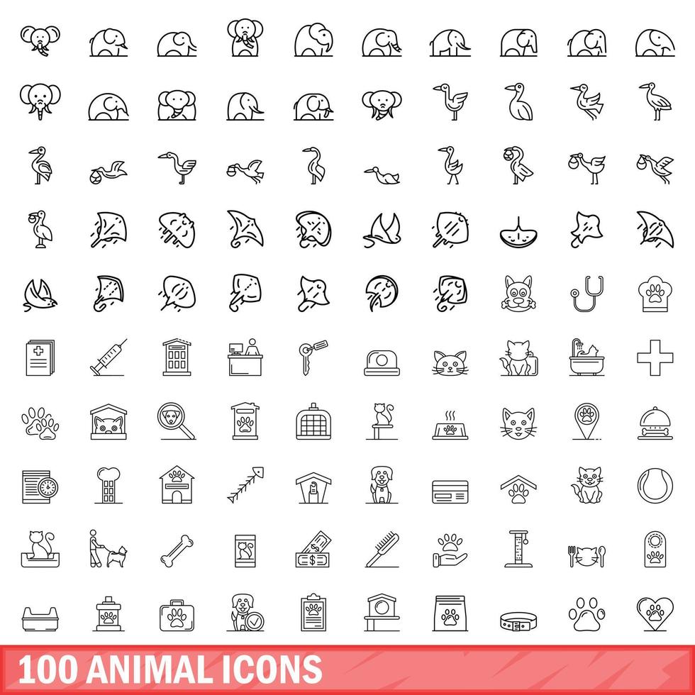 100 iconos de animales, estilo de esquema vector