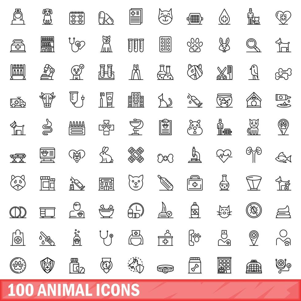 100 animal icons set, outline style vector