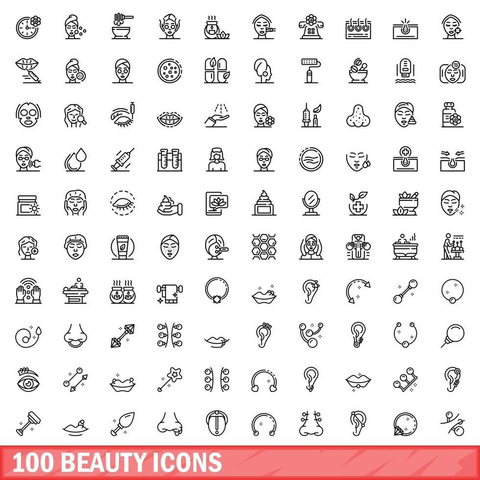 100 beauty icons set, outline style vector