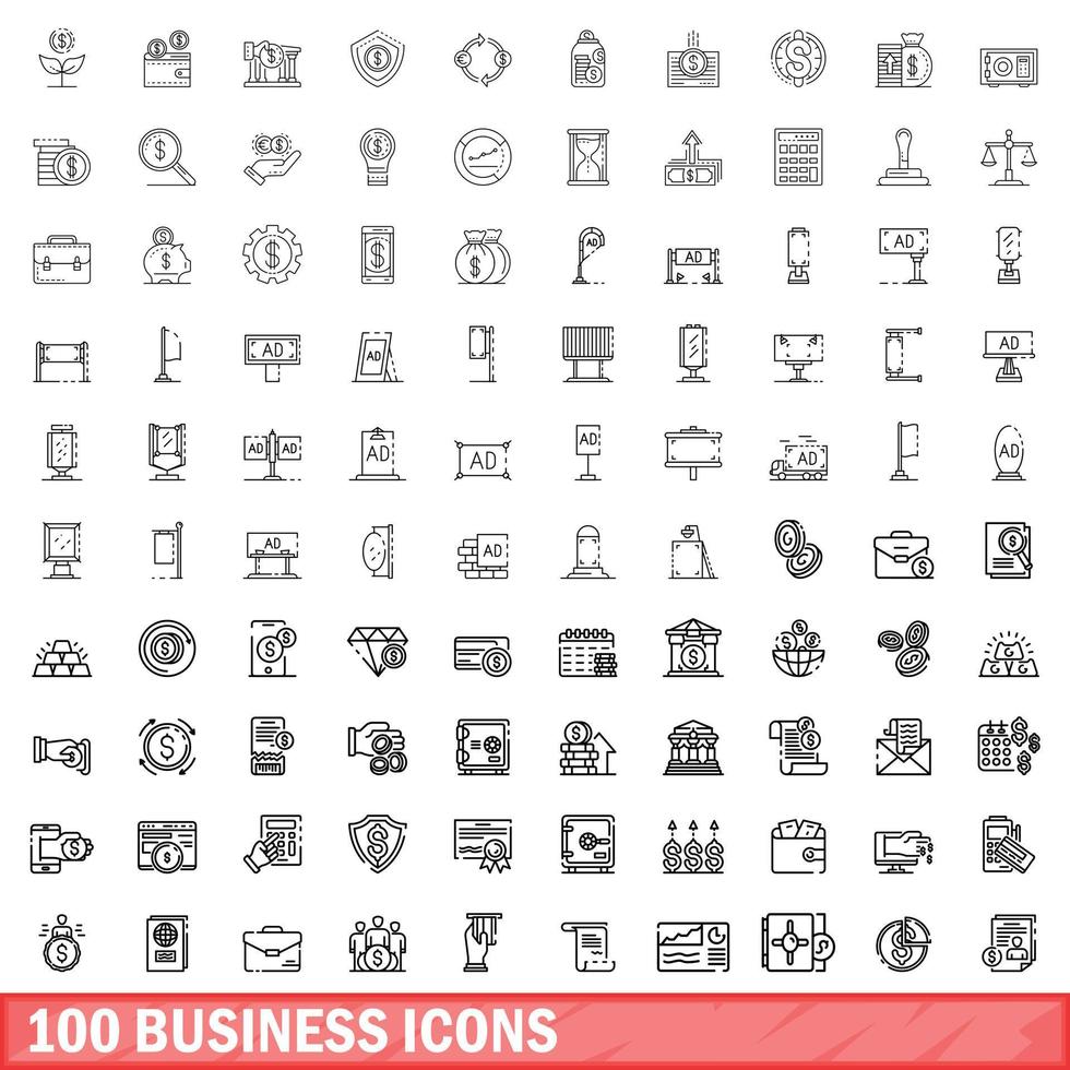 100 business icons set, outline style vector