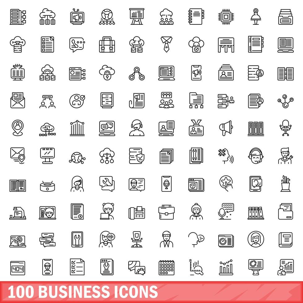 100 business icons set, outline style vector