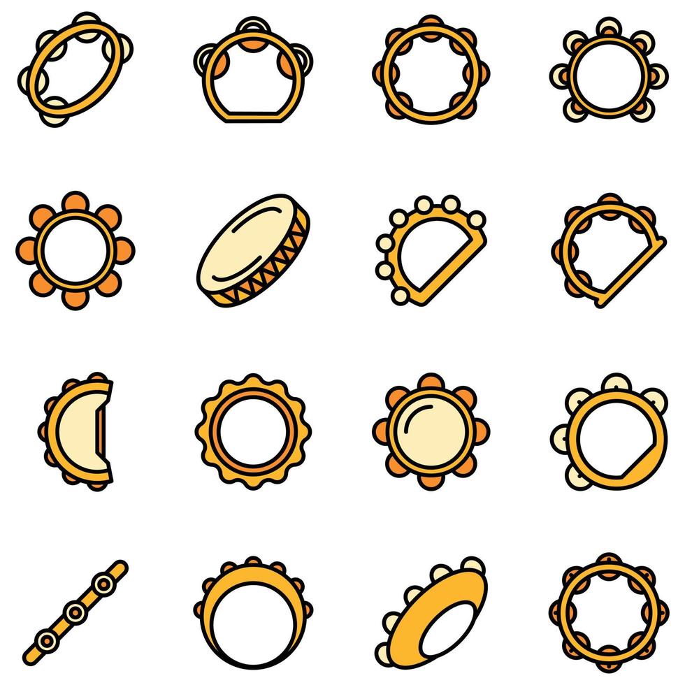 pandereta, iconos, conjunto, vector, plano vector