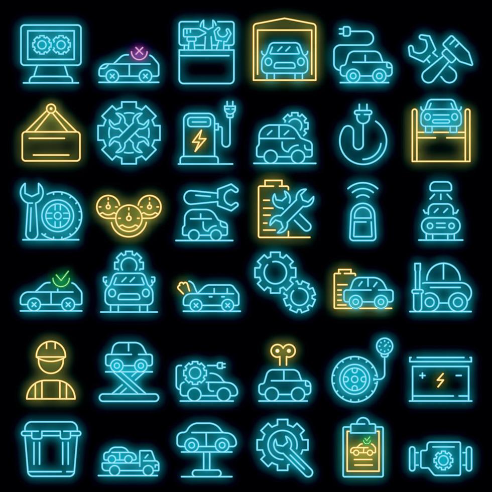 Electric vehicle repair icons set vector neon