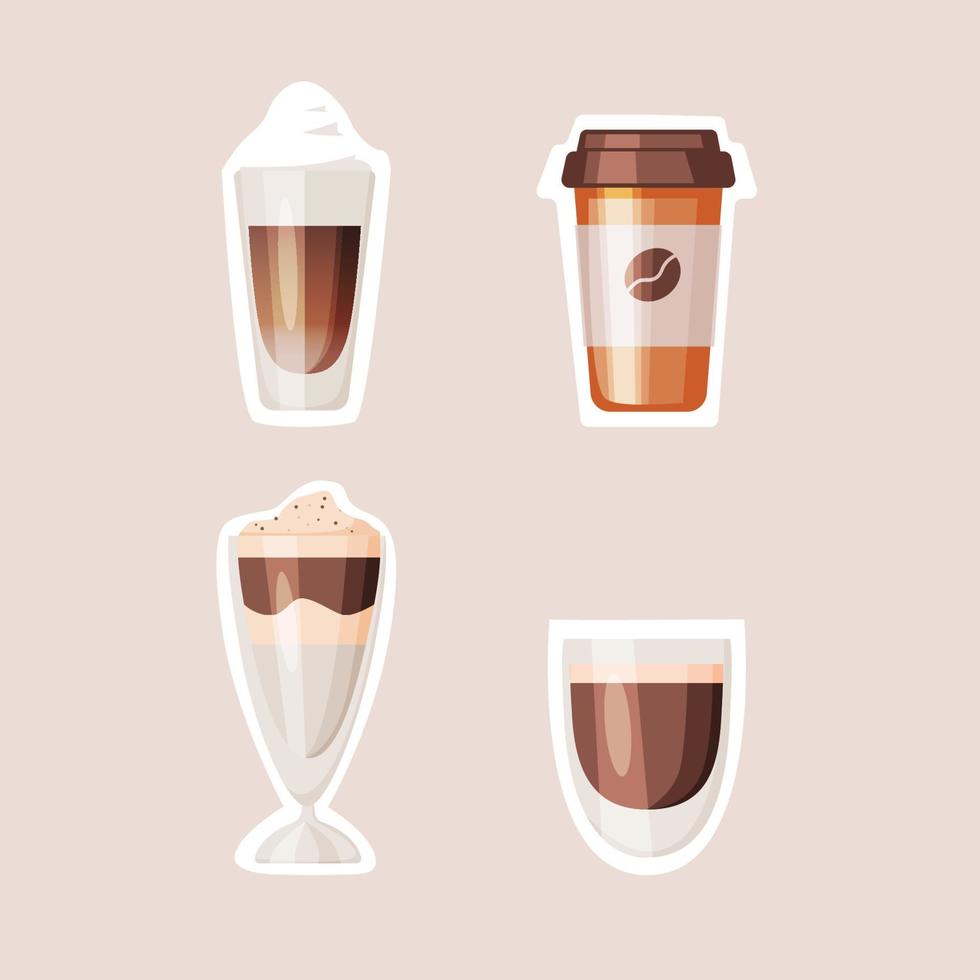 Set of coffee stickers. Cappuccino, mocaccino, americano, sweet, background vector