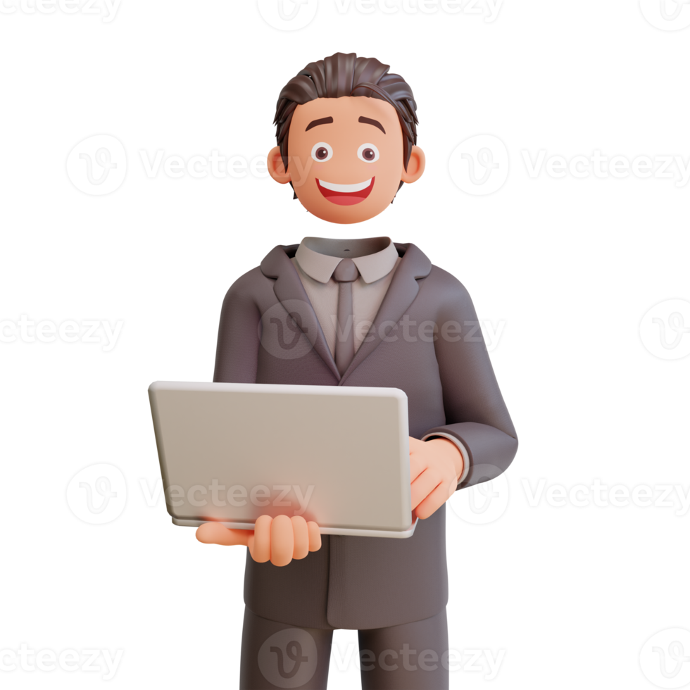 llustration of standing happy bussinesman holding laptop. Communication, office workplace concept png