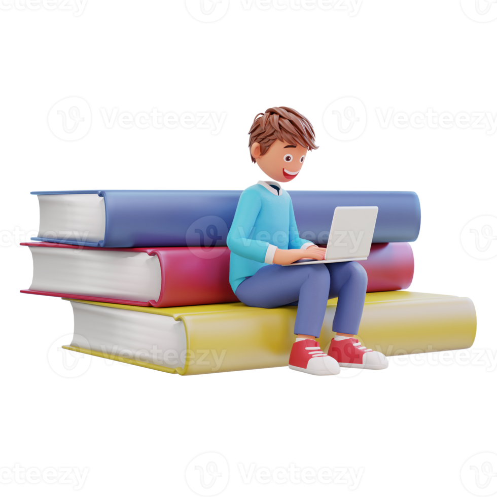 Online courses with students sitting on books pile with laptops notebooks png