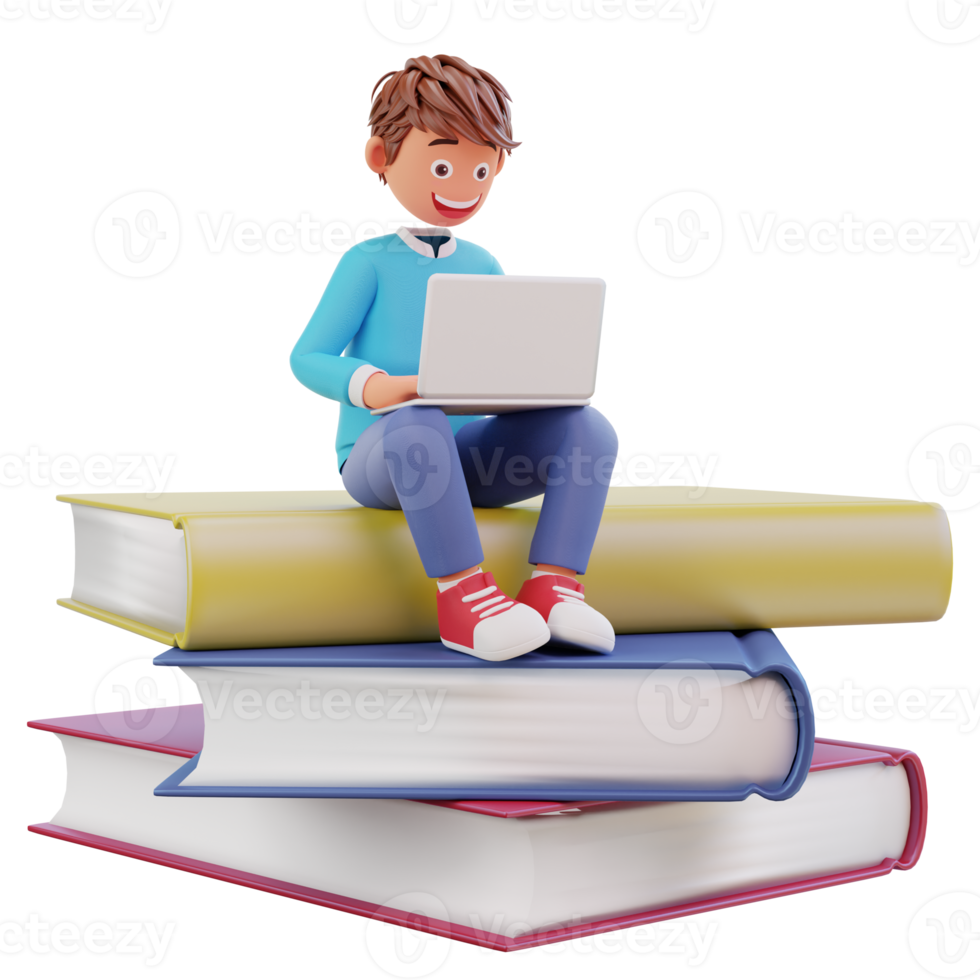 Online courses with students sitting on books pile with laptops notebooks png