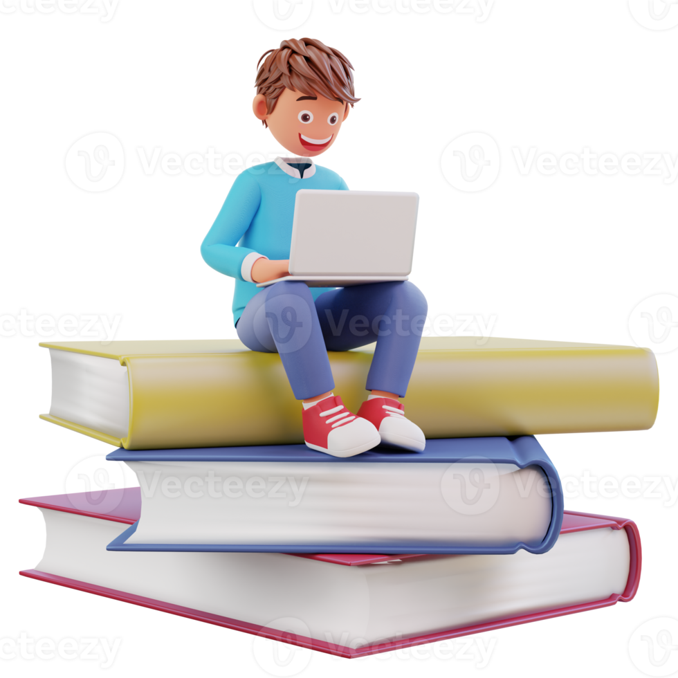 Online courses with students sitting on books pile with laptops notebooks png