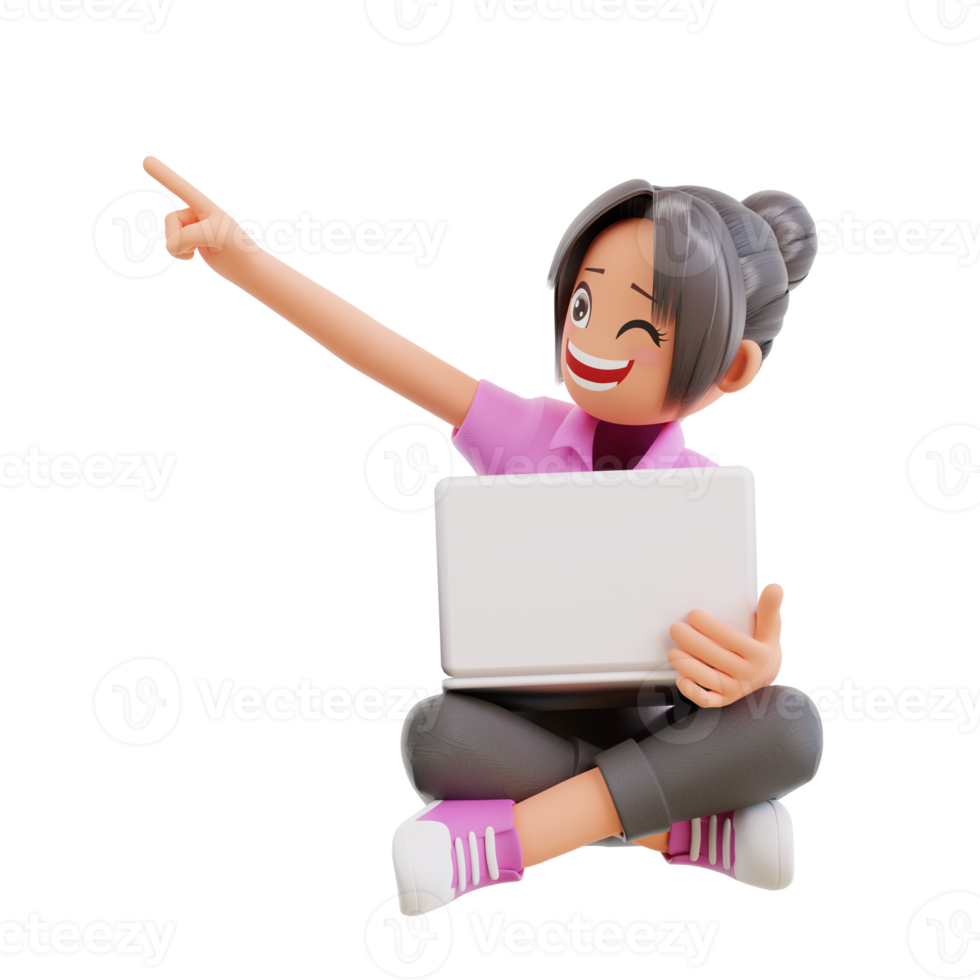 cute girl sit crossed legs hold laptop studying and pointing up png