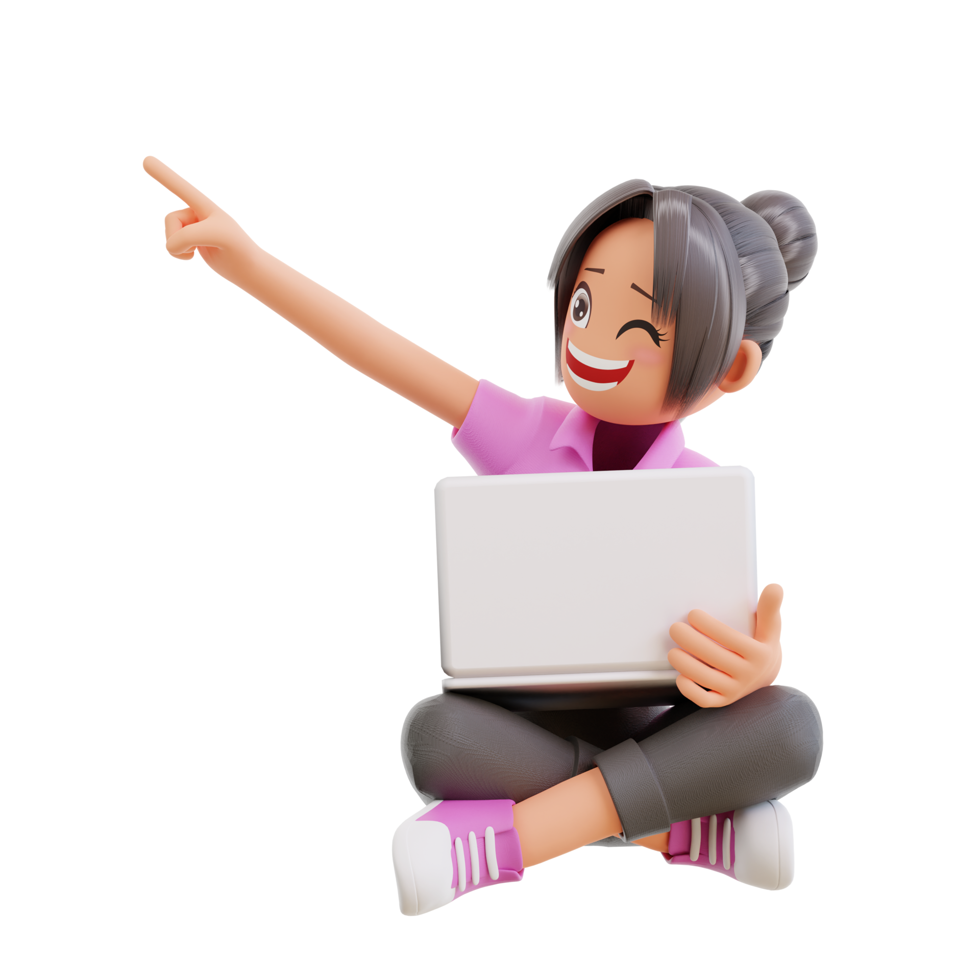 Free cute girl sit crossed legs hold laptop studying and pointing up 8845917 PNG with Transparent Background Free cute girl sit crossed legs hold laptop studying and pointing up 8845917 PNG with Transparent Background