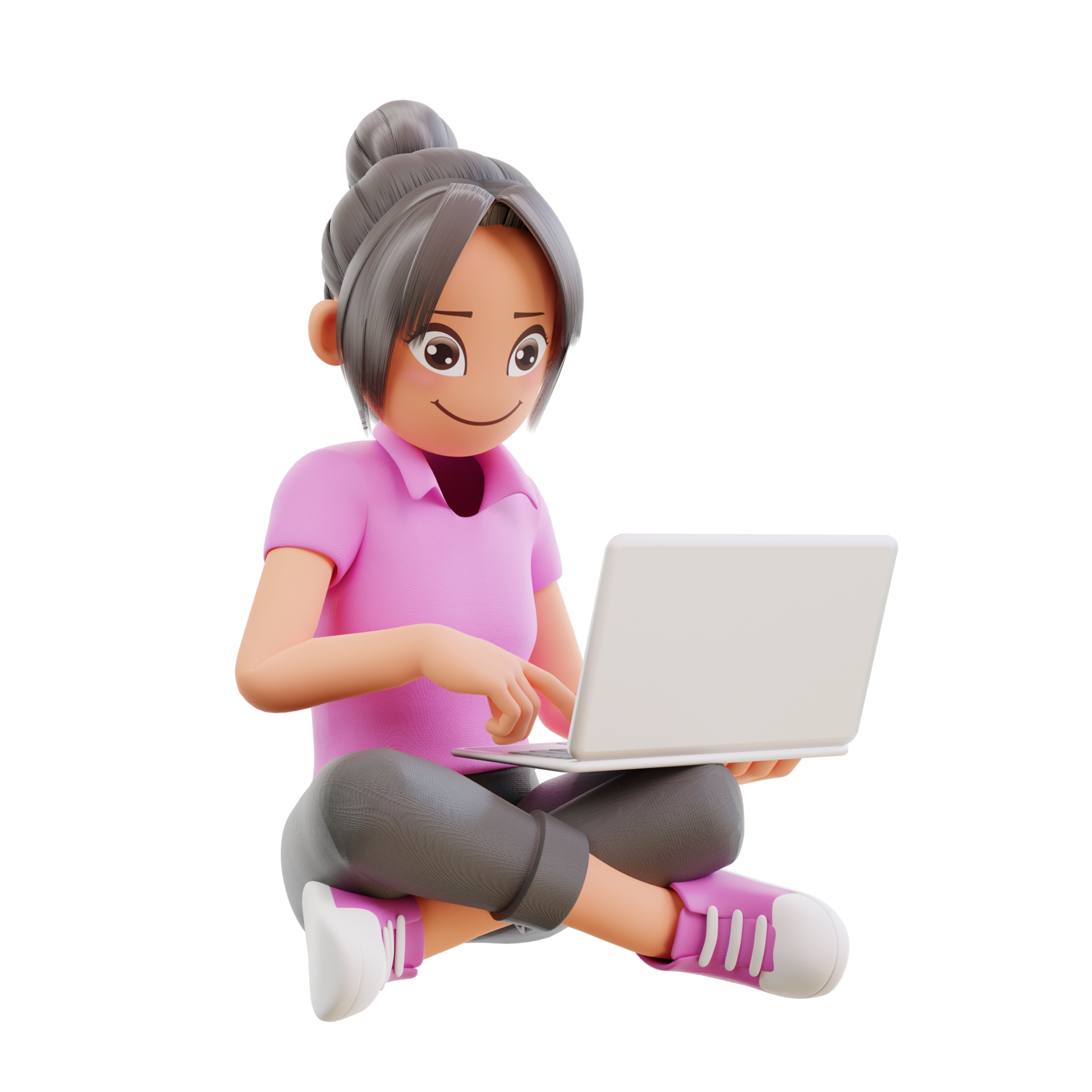 cute girl sit crossed legs hold laptop studying at home excited learn