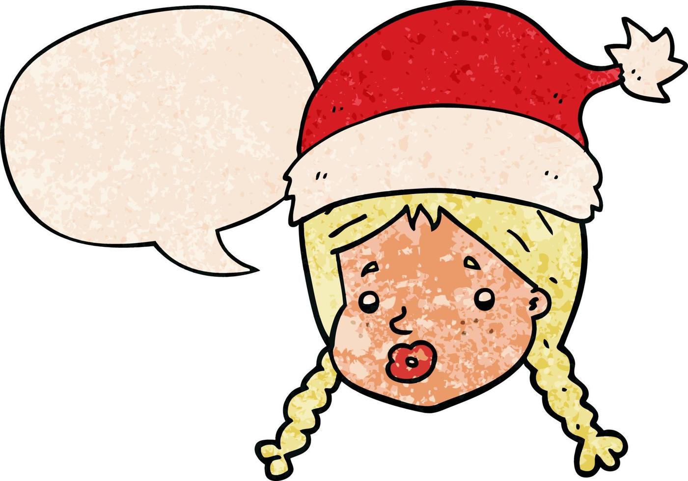 cartoon girl wearing christmas hat and speech bubble in retro texture style vector