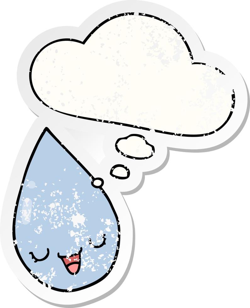 cartoon raindrop and thought bubble as a distressed worn sticker vector