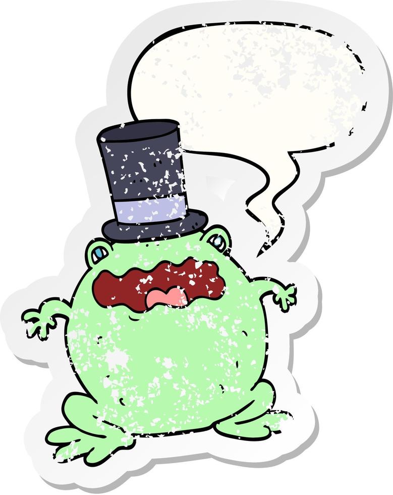 cartoon toad wearing top hat and speech bubble distressed sticker vector