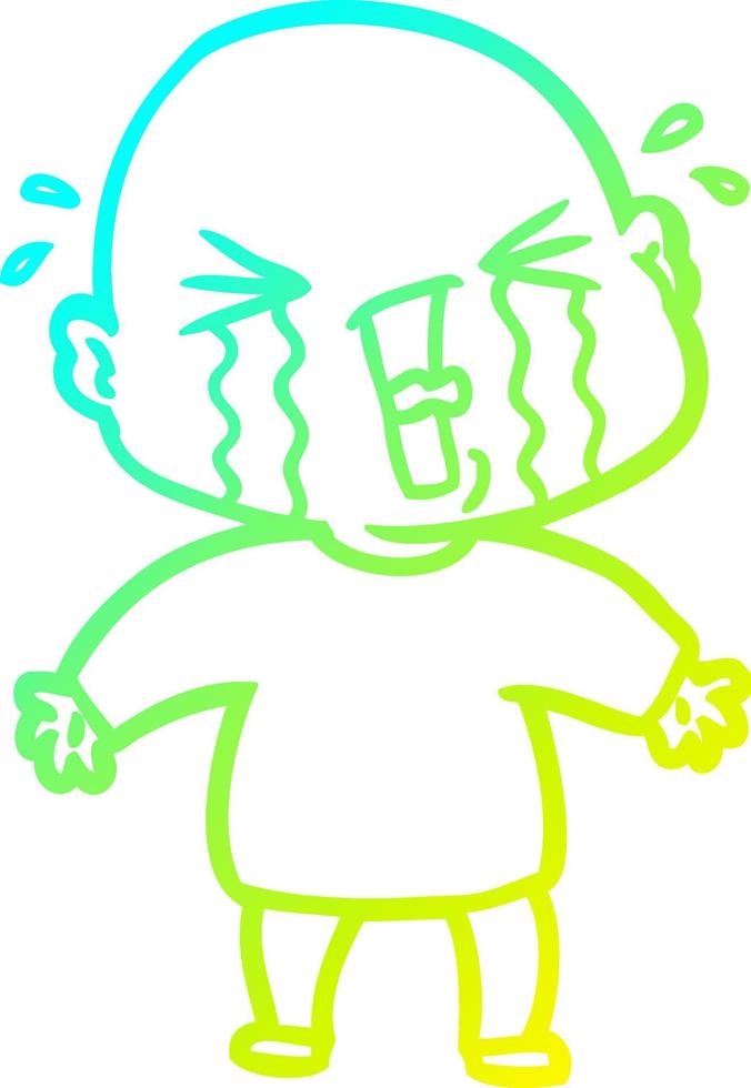 cold gradient line drawing cartoon crying bald man vector