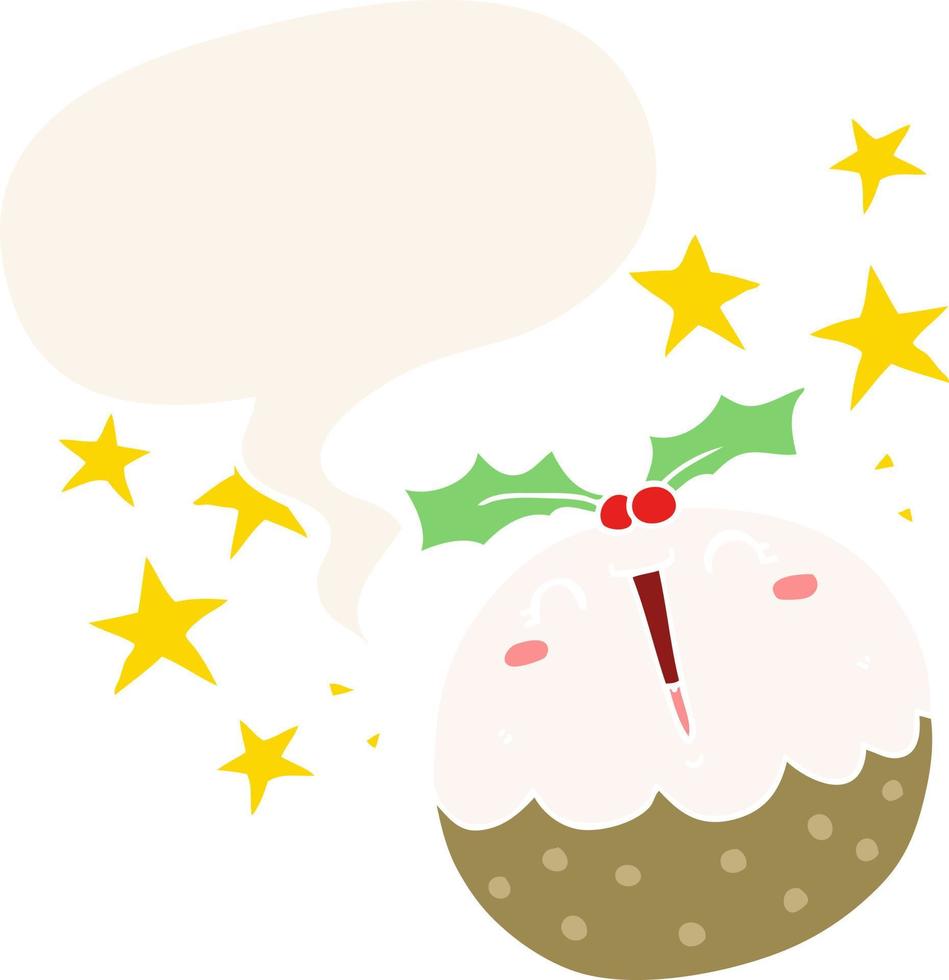 Lindo pudín de feliz navidad de dibujos animados y burbuja de habla en estilo retro vector